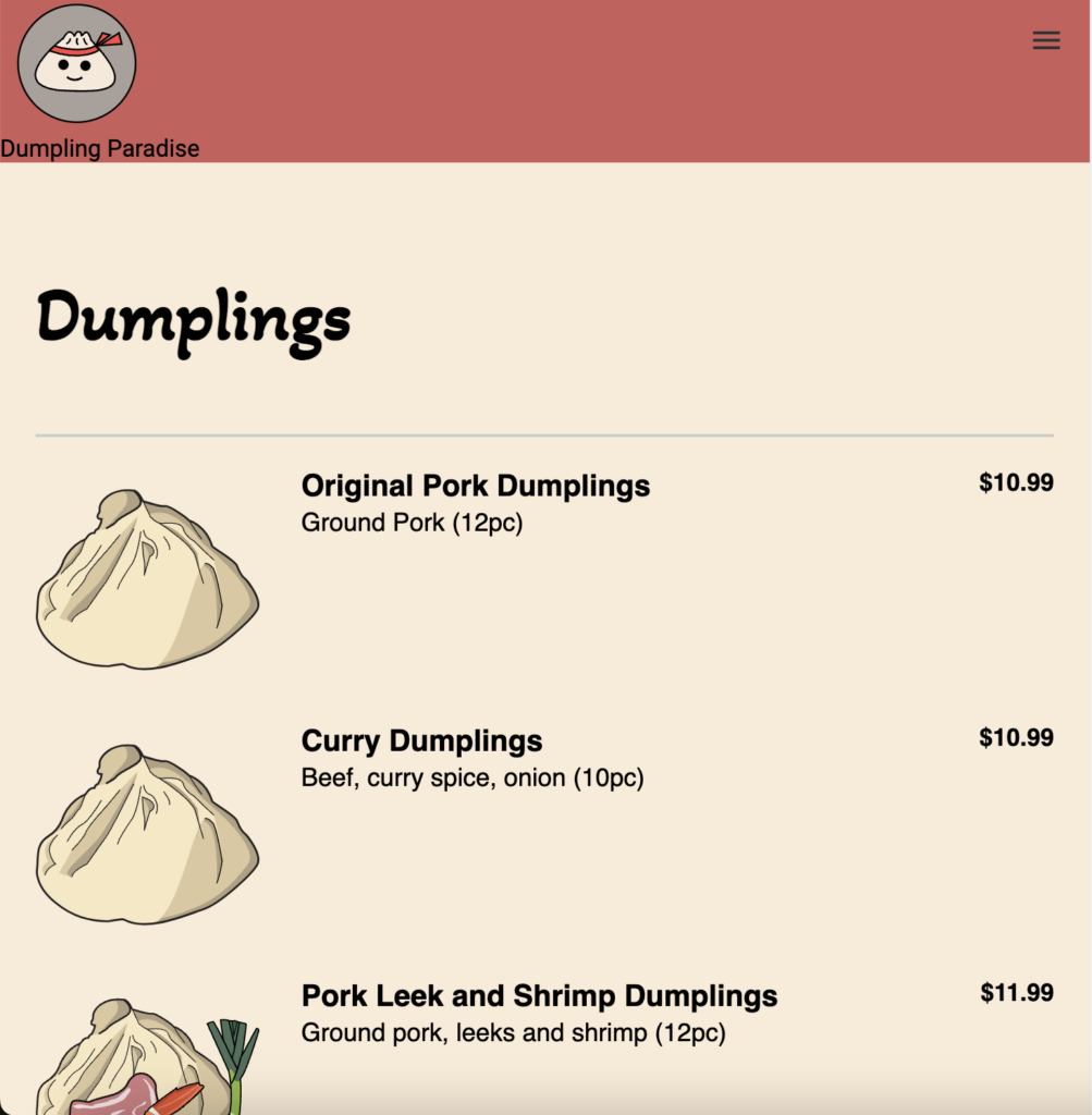 Mobile web page for dumplings 